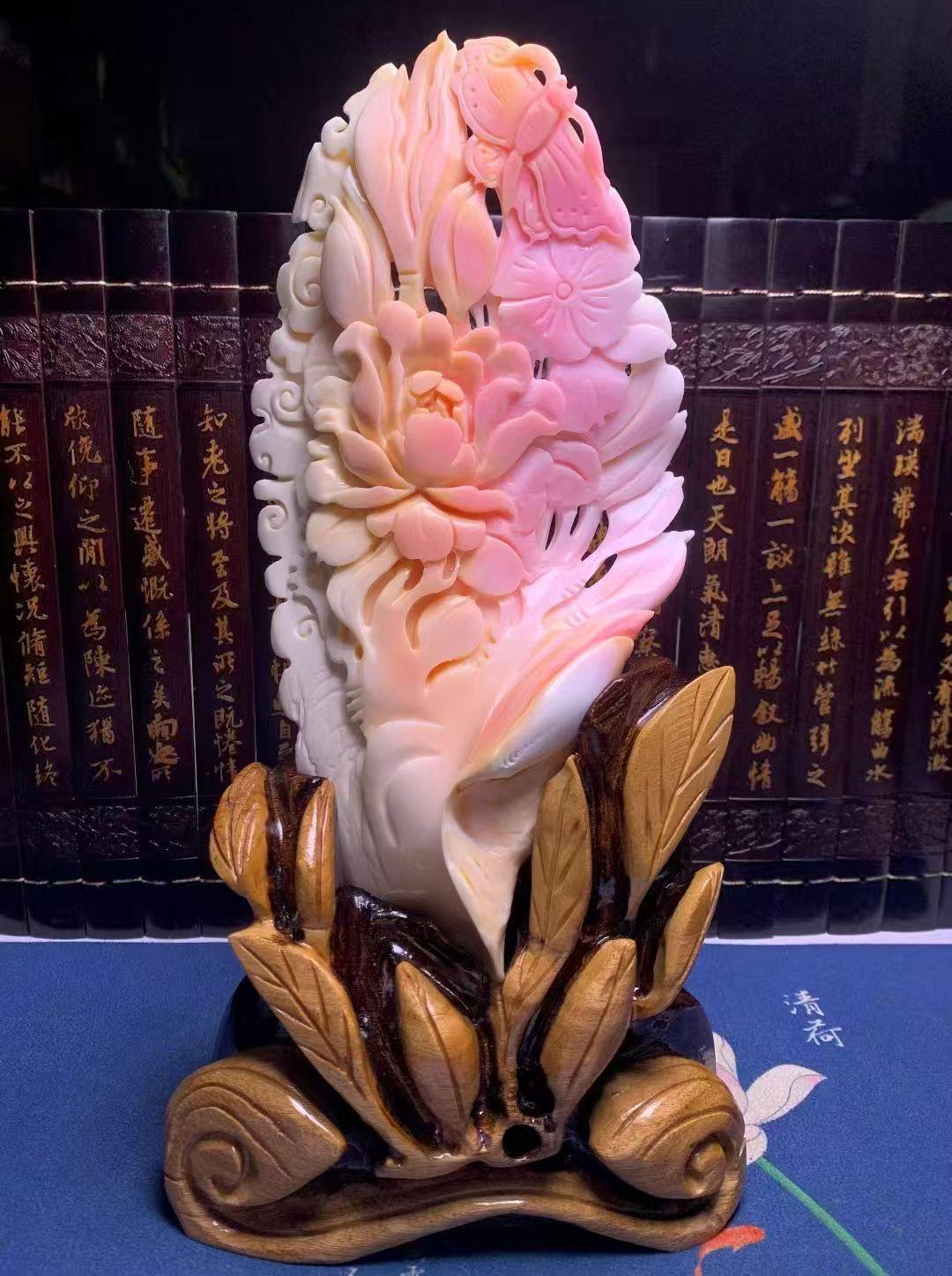 精品天然女王貝手工雕刻擺件【花開富貴】