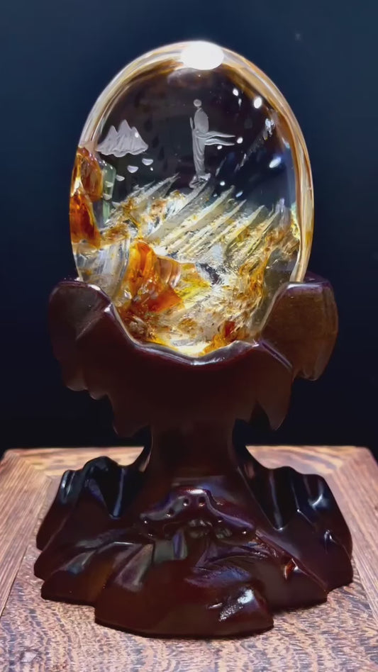 天然水晶黃皮膠花精雕悟道擺件
