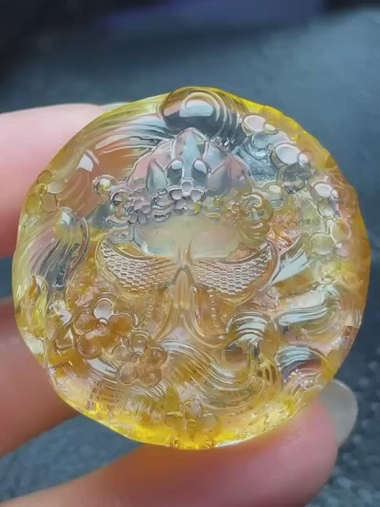 天然黃膠花九尾狐水晶吊墜