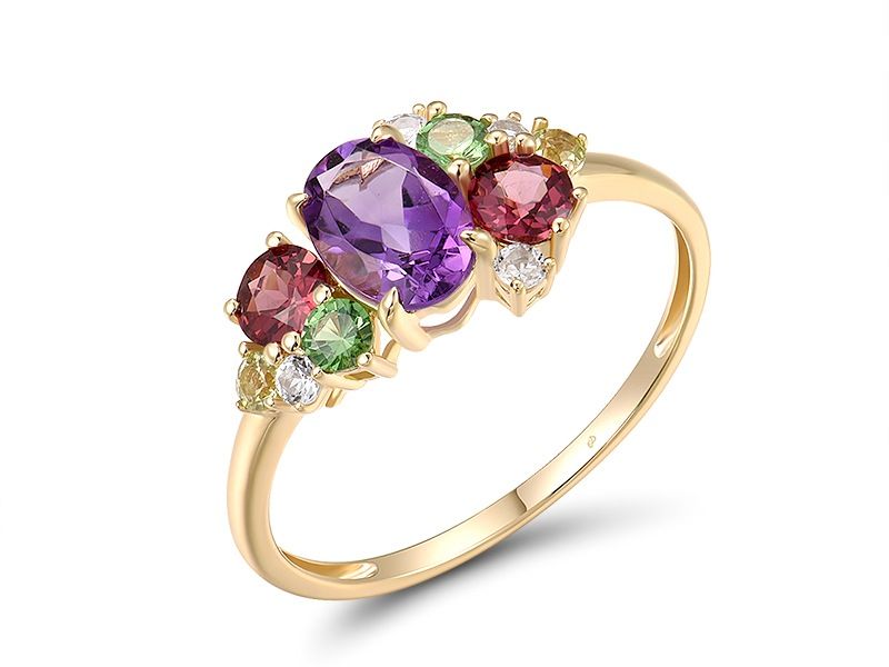 紫水晶、綠色石榴石、橄欖石、玫瑰榴石、白色托帕石14K黃金戒指