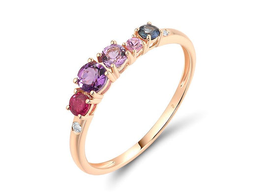 紫水晶、藍寶石、鑽石、粉紅色藍寶石、紅寶石14K玫瑰金戒指